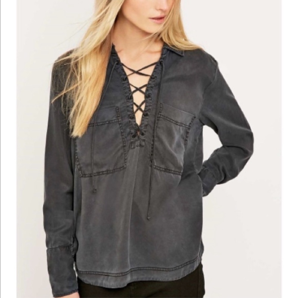 Free People Lace-Up Gray Top